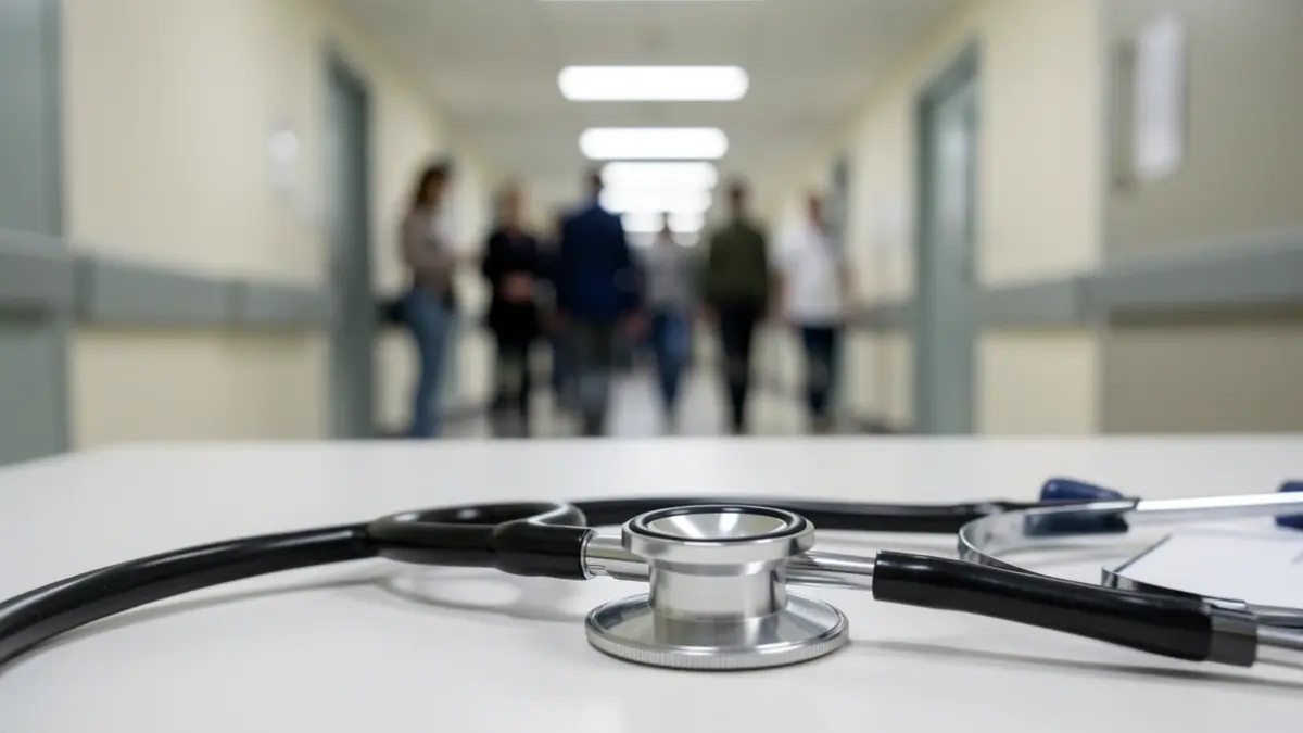 Imagem genérica de um estetoscópio médico sobre um fundo desfocado de corredor de hospital, com iluminação suave.
