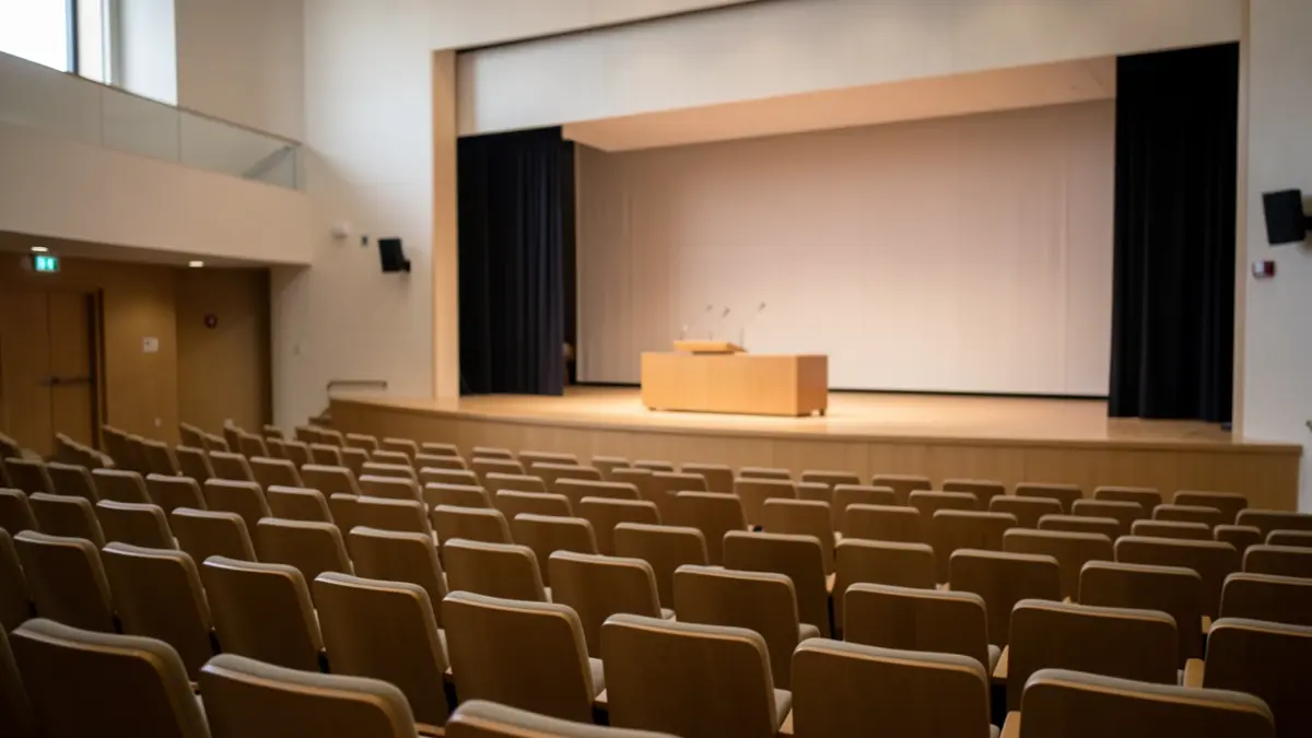 Generic image of an auditorium in Portugal with empty seats and a stage.