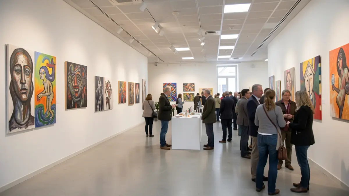 Generic image of an art exhibition in a hospital setting, with artworks displayed and a free expression area.