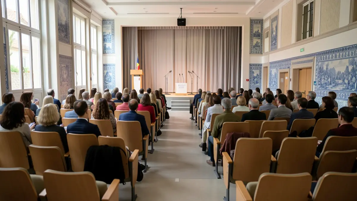 Imagem genérica de um auditório de hospital em Portugal, com assentos vazios e um palco com microfones.
