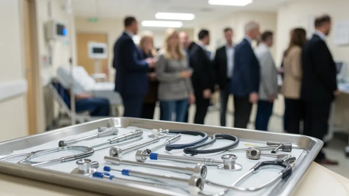 Generic image of medical equipment on a tray, with a blurred hospital room in the background.