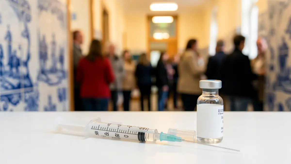 Generic image of a syringe and a vaccine vial in the foreground, with a blurred background of a Portuguese health center.