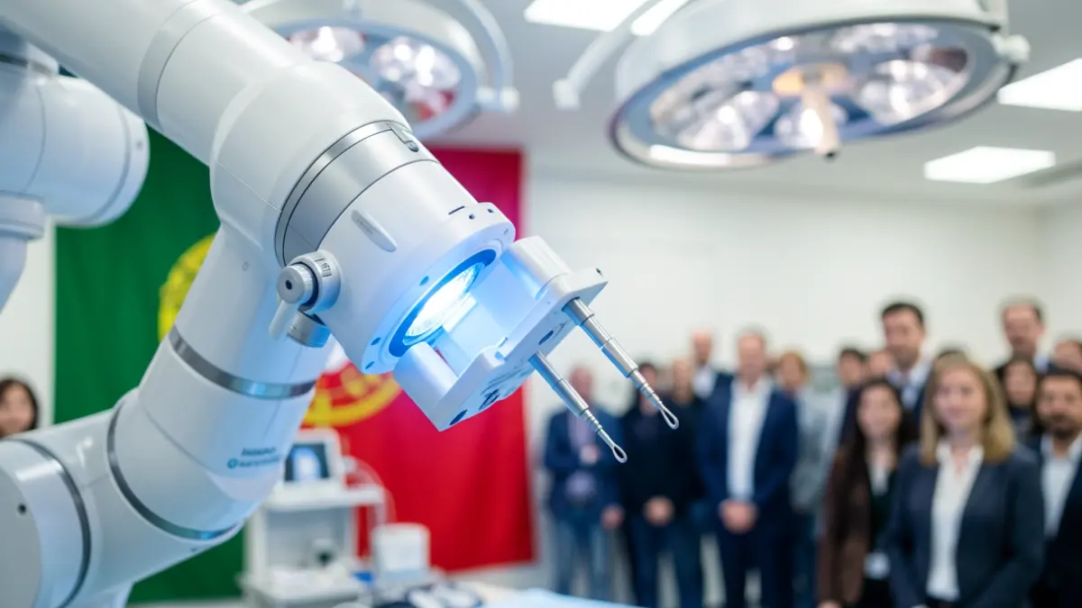 Generic image of a robotic surgical arm with precision instruments, glowing blue light, and blurred operating room equipment.