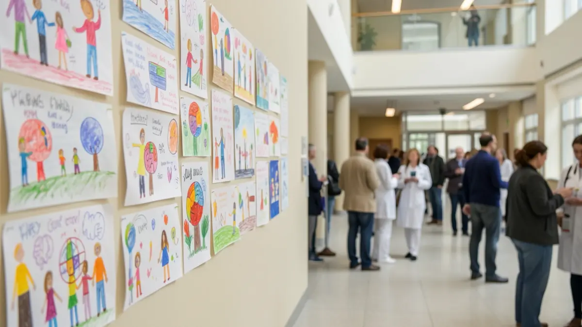 Exposição de trabalhos de crianças e jovens sobre saúde mental no átrio de um hospital.