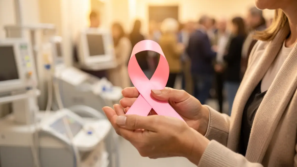 Imagem genérica de mãos a segurar uma fita rosa contra um fundo desfocado de equipamento médico.