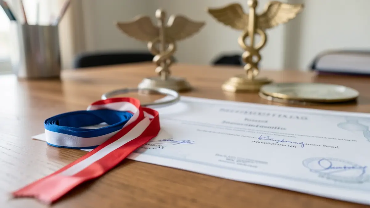 Generic image of a medical award ribbon and a certificate on a wooden desk, with blurred medical symbols in the background.