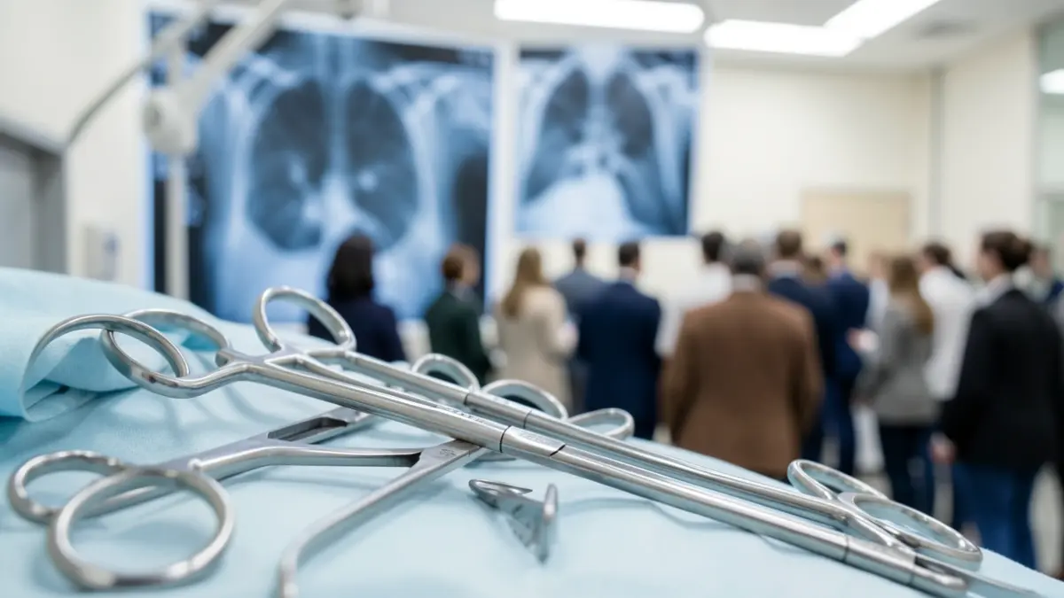 Generic image of surgical instruments and a blurred mammography in the background, symbolizing medical innovation and breast cancer treatment.