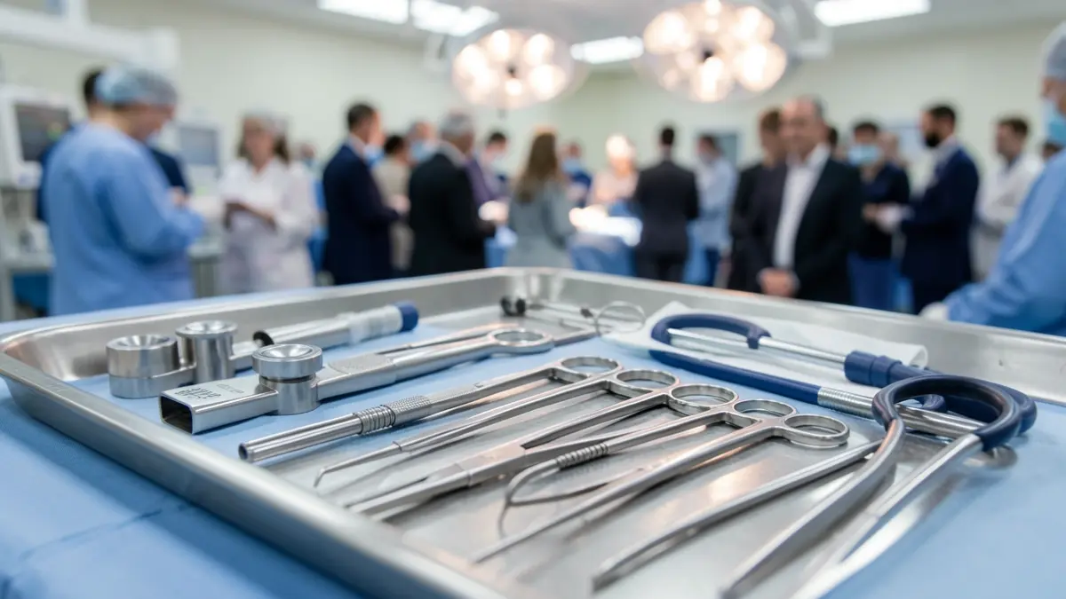 Imagem genérica de instrumentos cirúrgicos e equipamento médico numa bandeja estéril, com luzes de sala de operações desfocadas ao fundo.