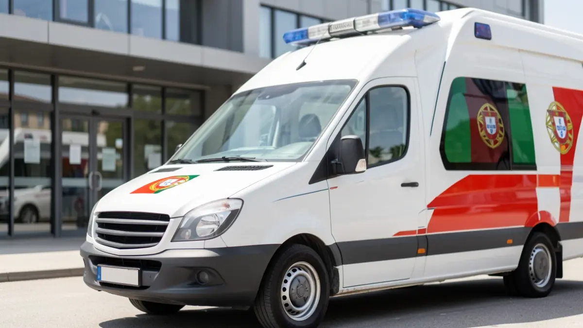 Imagem genérica de uma ambulância elétrica moderna em frente a um hospital.