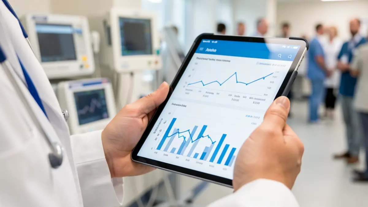 Imagem genérica de mãos a segurar um tablet com gráficos de dados, com equipamento hospitalar desfocado ao fundo.