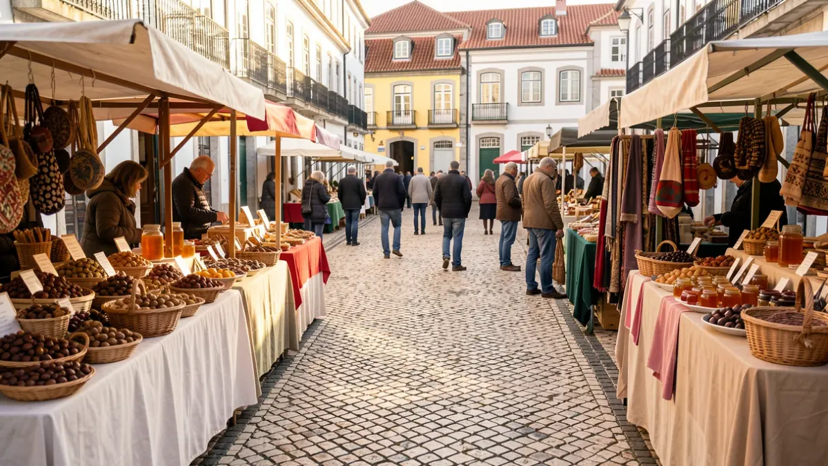 Imagen genérica de una feria callejera tradicional portuguesa con puestos de castañas, miel y artesanía, en un día soleado.