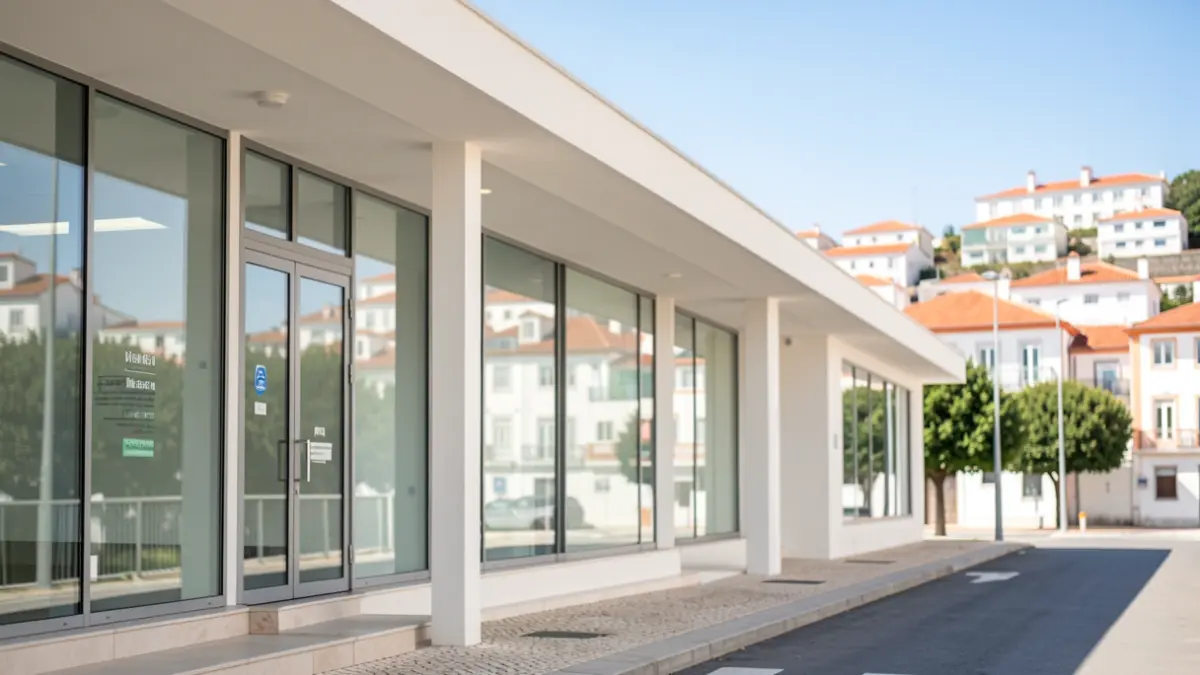 Imagem genérica de um centro de saúde moderno com fachada de vidro e sinalização clara, num dia de sol.
