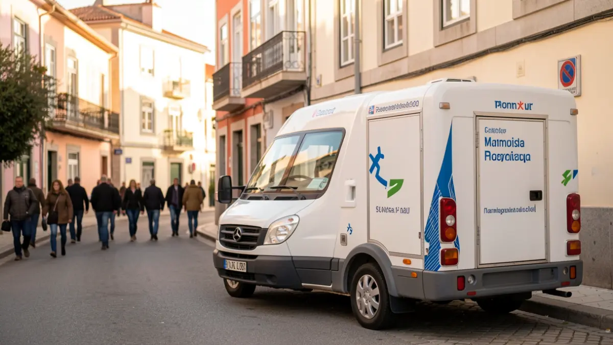 Imagen genérica de una unidad móvil de salud estacionada cerca de un centro de salud en Portugal, con luz solar de tarde.