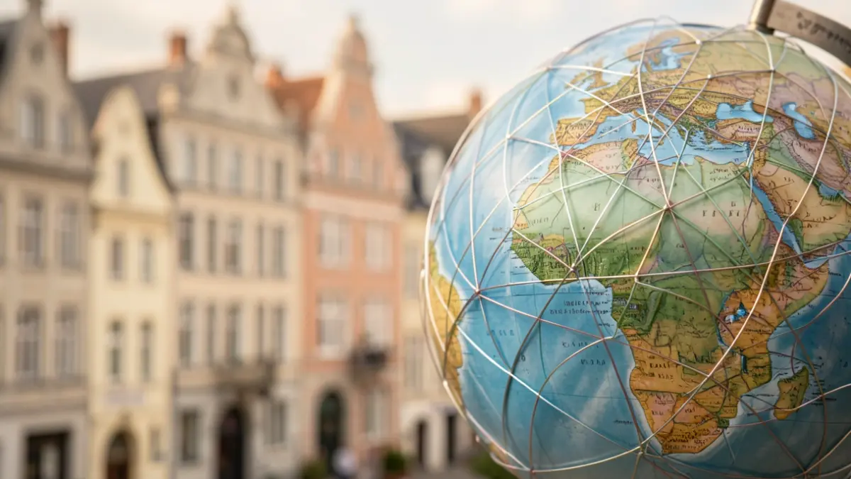 Generic image of a globe with interconnected lines, representing a global network, with a blurred background of diverse architectural styles.