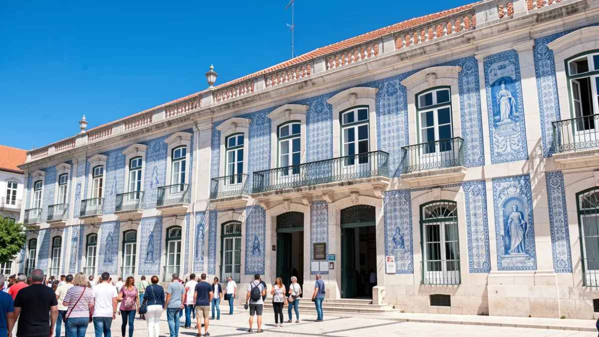 Facade of the Universidade Politécnica de Setúbal with Portuguese azulejo tiles and traditional architecture.