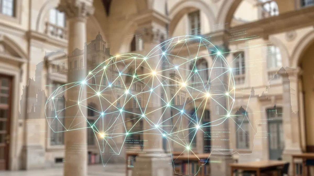Generic image of glowing neural network patterns with university building silhouettes and digital data streams, in Portuguese architectural style.