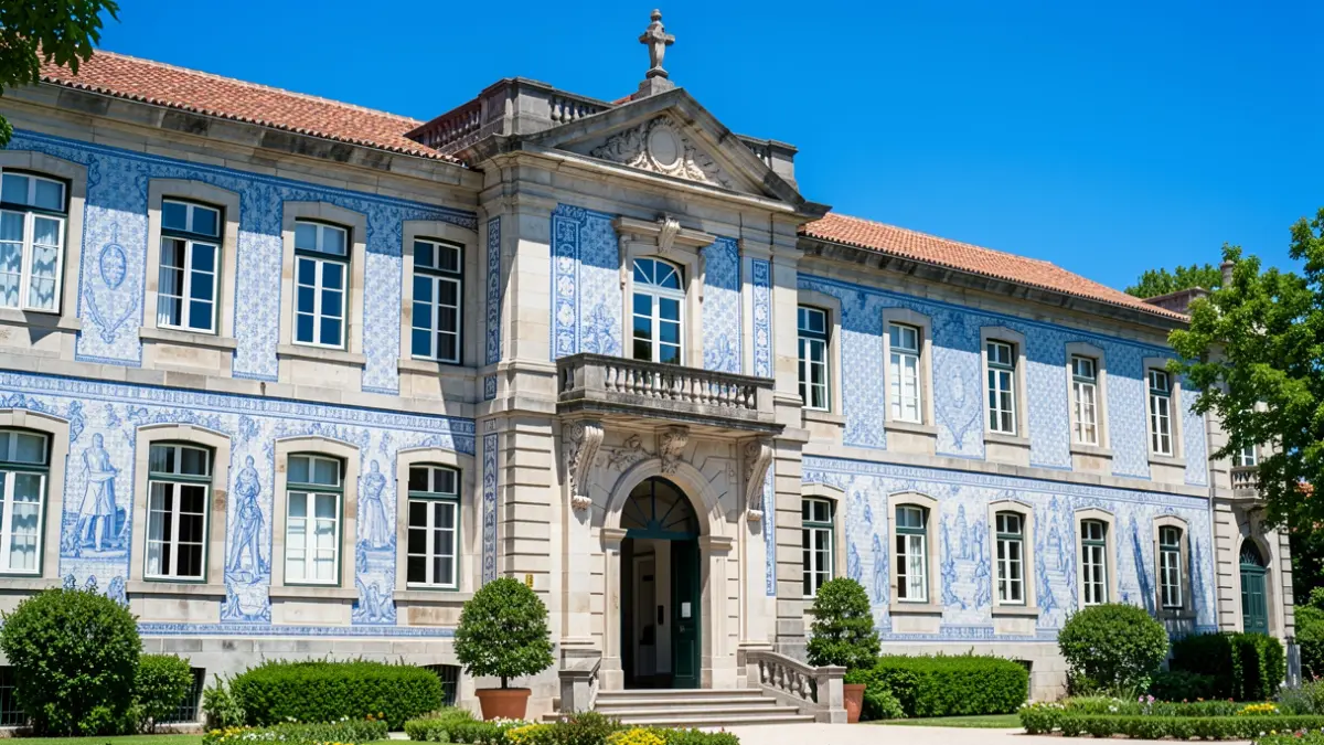 Fachada de un edificio universitario portugués con azulejos tradicionales y arquitectura de piedra, luz del día clara, cielo azul despejado, plano general mostrando la entrada y la vegetación circundante.