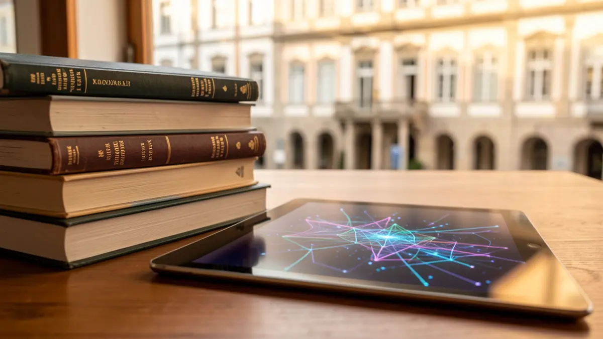 Imagen genérica de libros académicos y una tablet con patrones de IA, con una fachada de universidad portuguesa desenfocada al fondo.