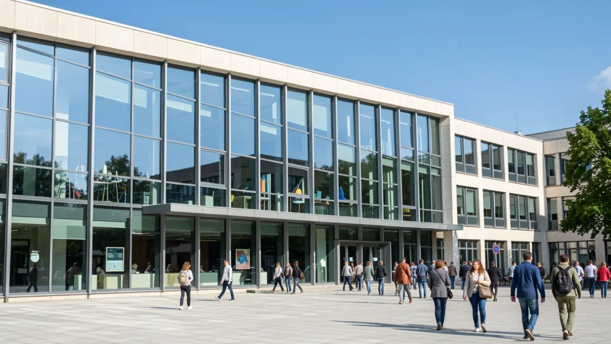 Imagem de um edifício universitário moderno com reflexos no céu azul.