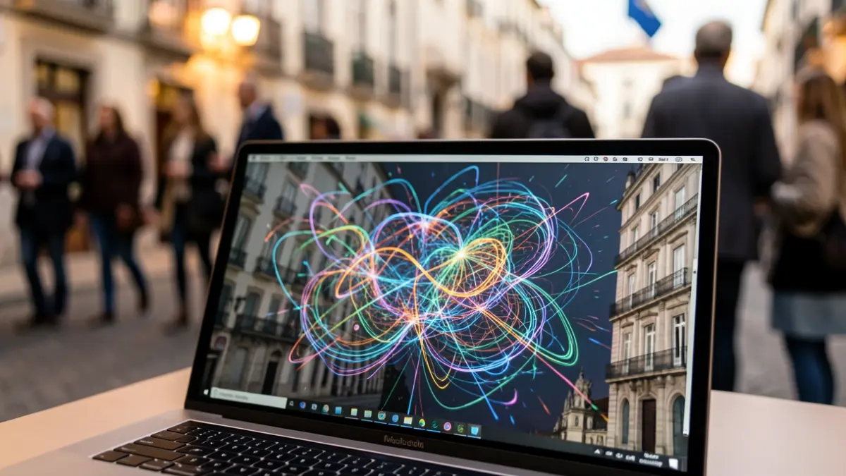 Generic image of a computer screen displaying generative AI art with blurred Portuguese architectural elements in the background.