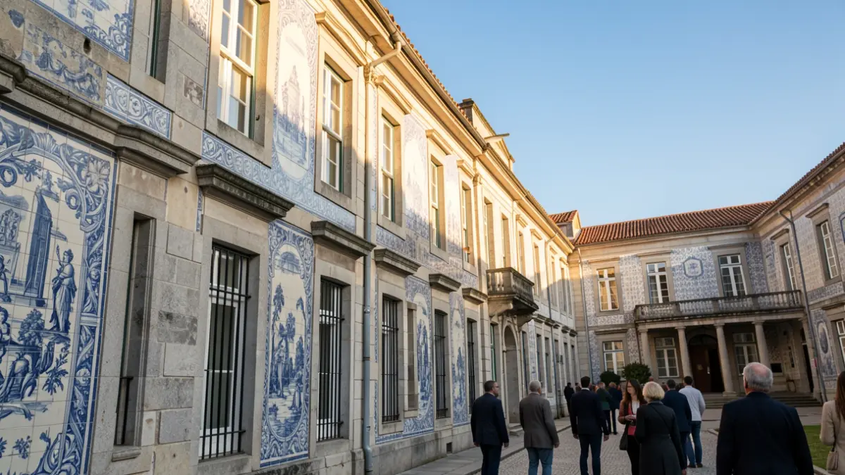 Imagem genérica de uma fachada de edifício universitário com arquitetura tradicional portuguesa, azulejos e detalhes em pedra, sob luz solar de fim de tarde.