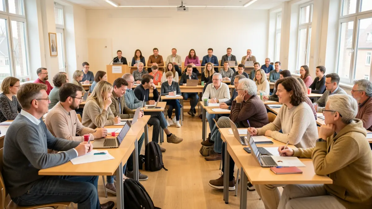 Imagem de um grupo diverso de estudantes universitários a participar numa aula inclusiva.