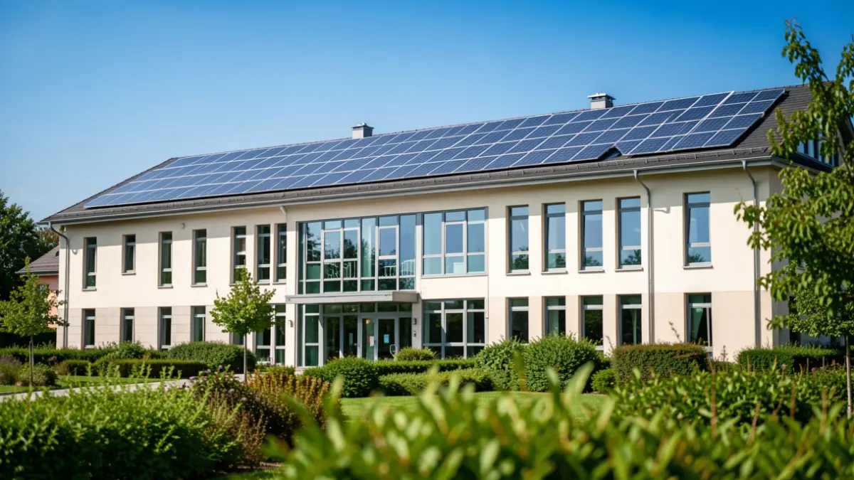 Facade of a modern university building with solar panels on the roof, surrounded by green landscaping, under a clear blue sky.