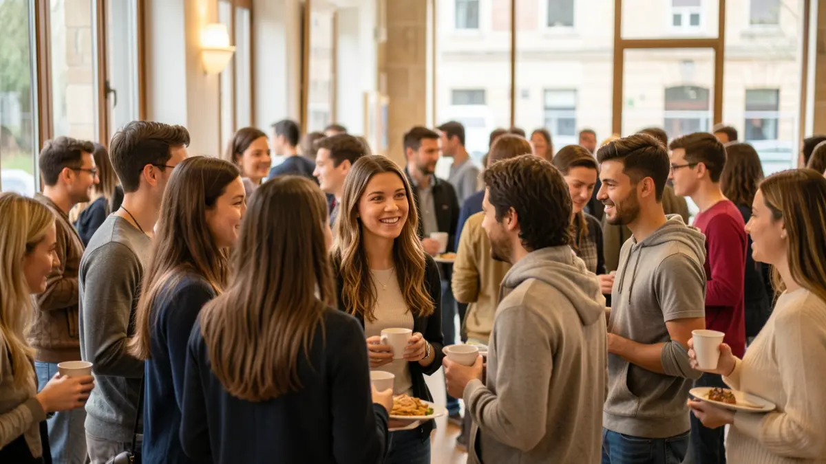 Generic image of a diverse group of international students socializing at a university event.