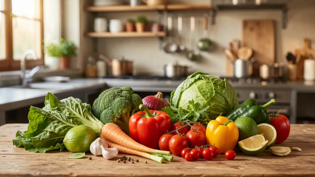 Imagem genérica de ingredientes frescos e saudáveis numa cozinha.