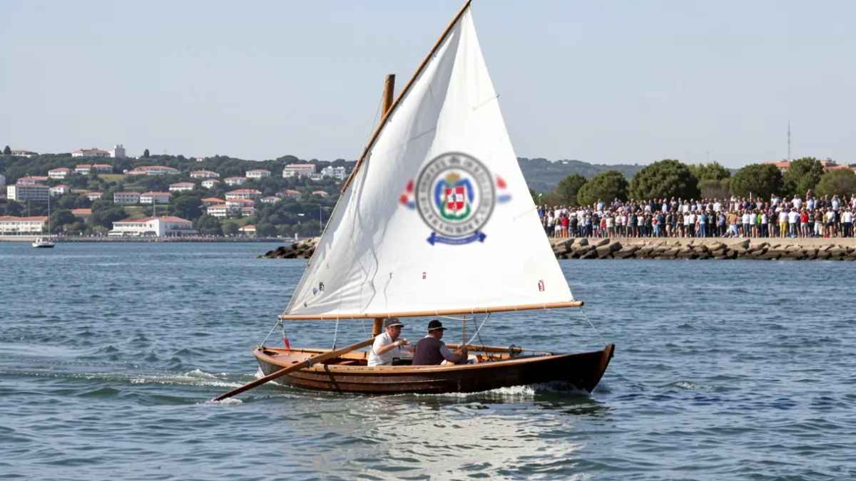 Imagem genérica de uma embarcação tradicional portuguesa a participar numa regata no rio Tejo, com a costa ao fundo.