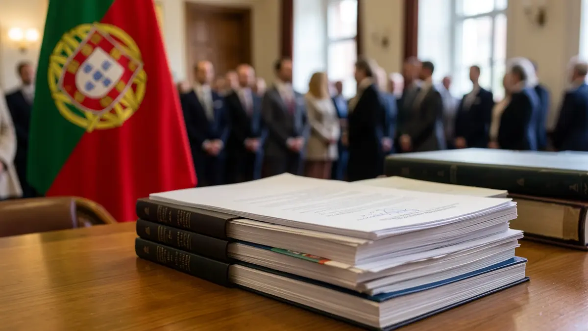 Imagem genérica de documentos oficiais e livros de lei sobre uma secretária de madeira, com uma bandeira portuguesa desfocada ao fundo.