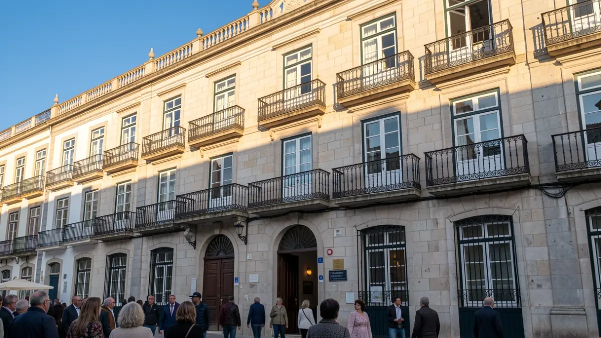 Imagem genérica da fachada de um edifício municipal português com varandas ornamentadas e luz solar.