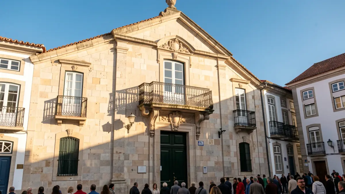 Facade of a municipal building in Baião, Portugal, with traditional architectural details and sunlight.