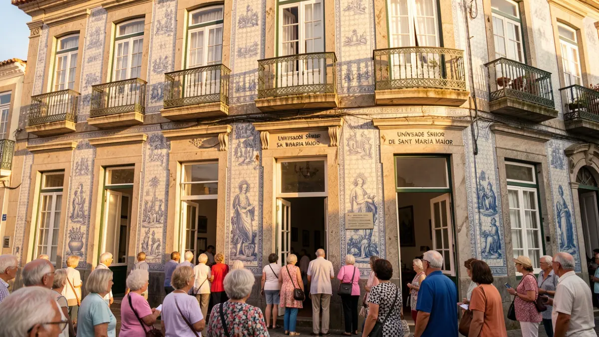 Fachada da Universidade Sénior de Santa Maria Maior no Funchal, com alunos idosos a entrar no edifício.