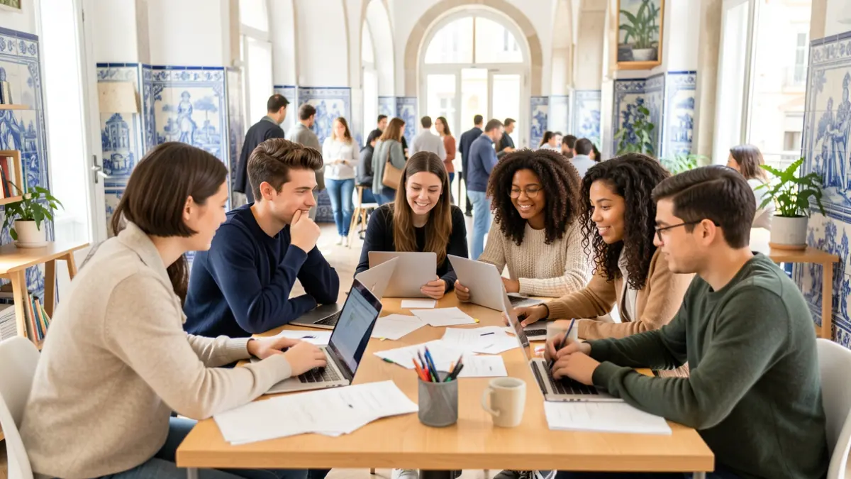 Imagen genérica de jóvenes colaborando en ideas en un espacio moderno con elementos arquitectónicos portugueses.