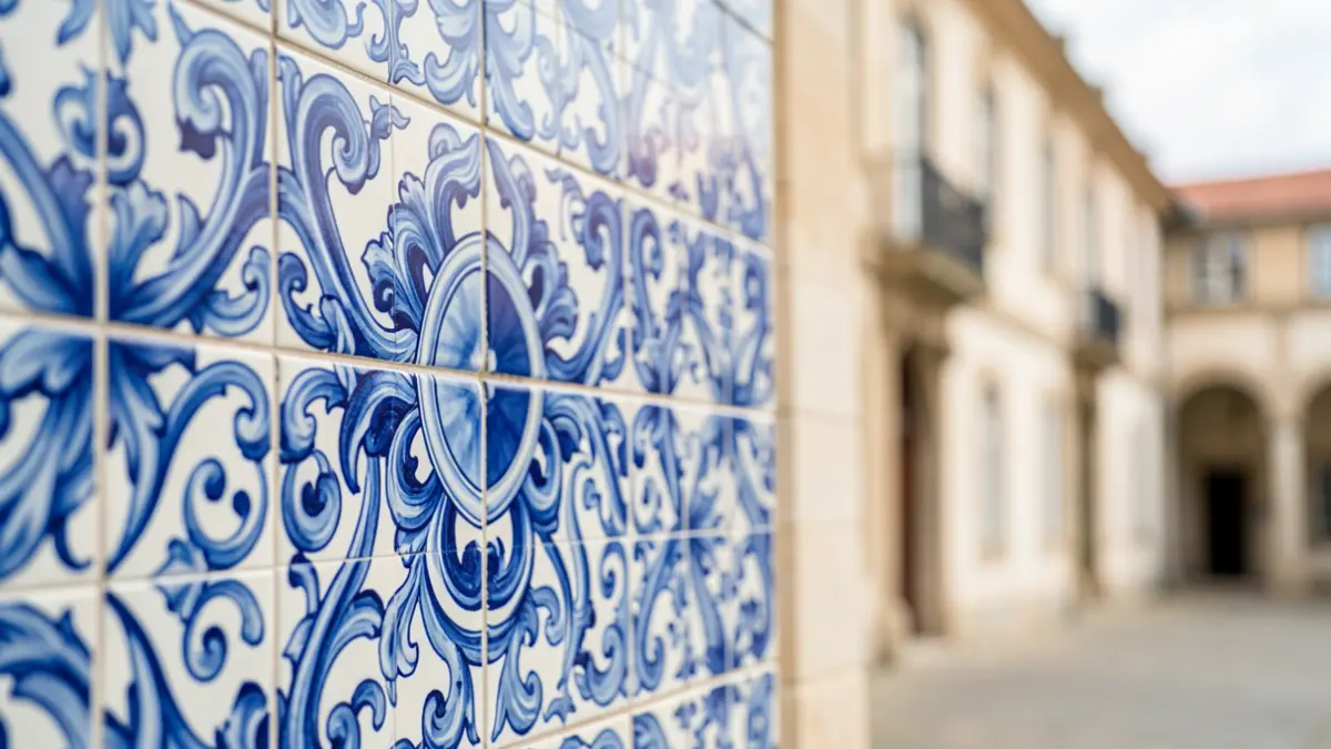 Imagen genérica de un patrón de azulejos portugueses tradicionales en azul y blanco, con un edificio desenfocado al fondo.