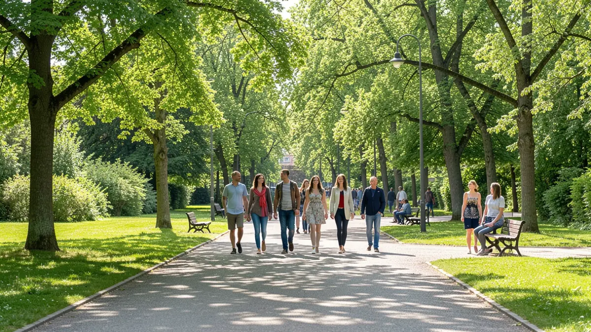 Imagen genérica de un grupo de personas caminando en un parque verde en un día soleado.
