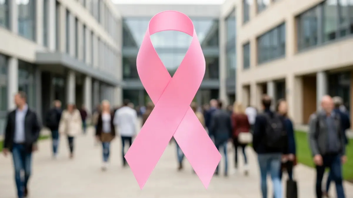 Generic pink ribbon symbol for breast cancer awareness in front of a university.