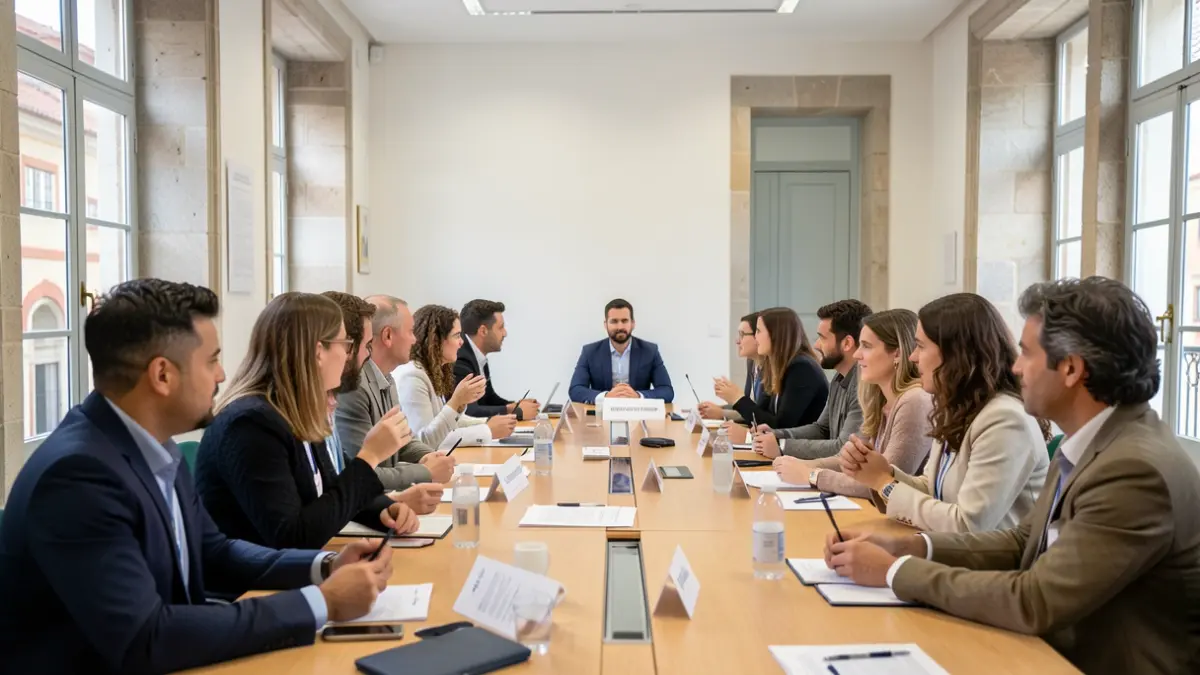 Imagem genérica de um grupo de pessoas a debater numa conferência internacional, com elementos que sugerem uma universidade portuguesa.
