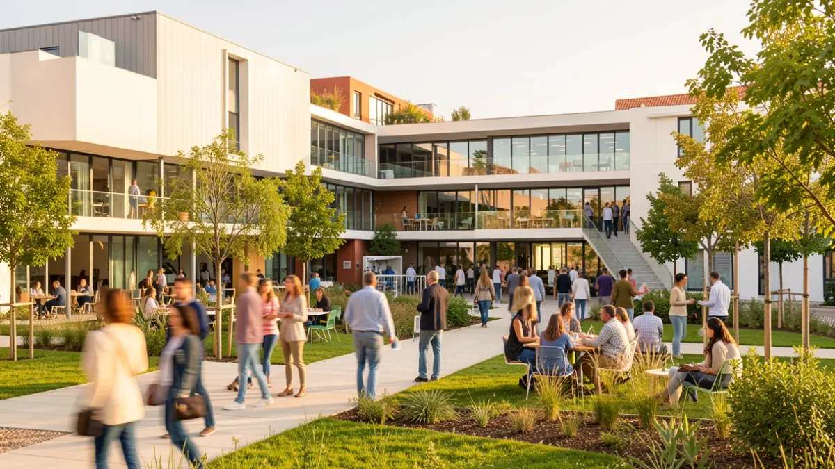 Imagem genérica de um campus moderno de ciência e tecnologia em Portugal, com arquitetura limpa e espaços verdes, sob luz diurna.