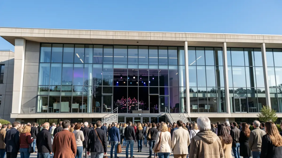 Imagen genérica de un auditorio universitario moderno con iluminación de escenario.