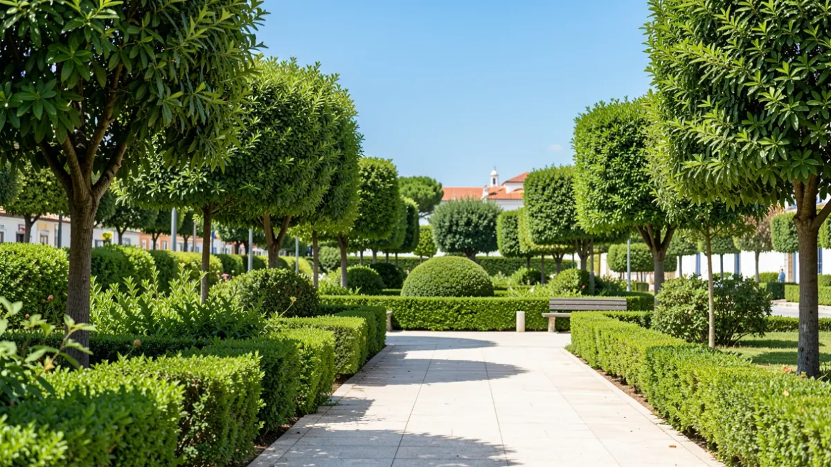 Imagen genérica de un parque público bien cuidado en Portugal, con arbustos recortados y caminos limpios.