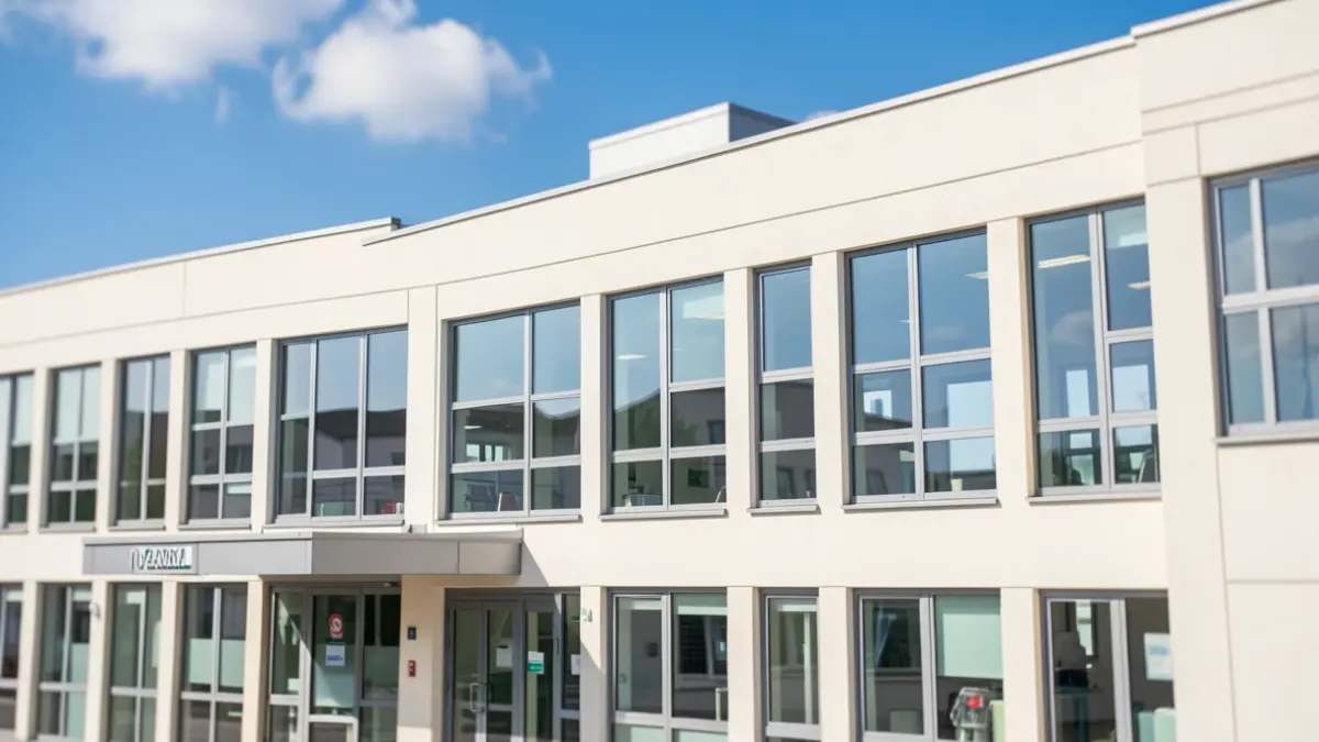 Generic image of a modern healthcare facility with large windows and clear signage, under a blue sky.