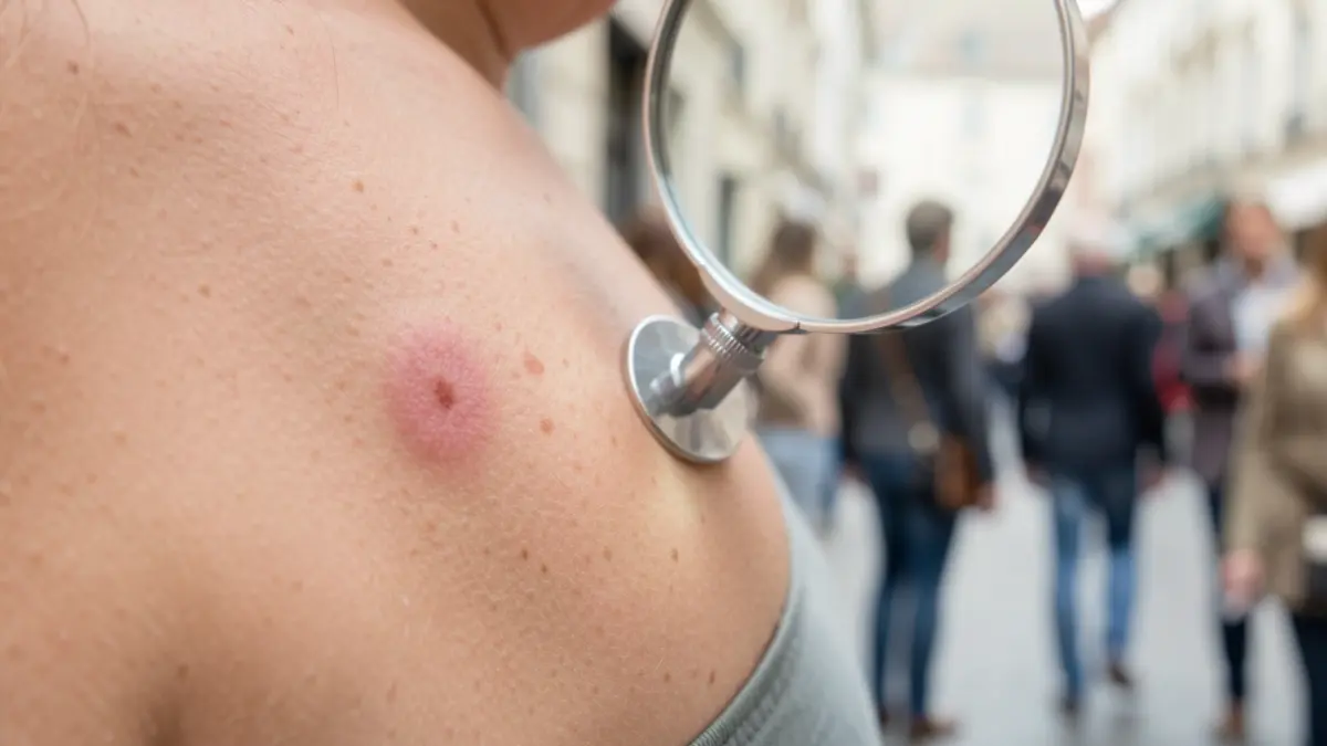 Close-up of skin with a magnifying glass examining a mole, symbolizing early detection of skin cancer.