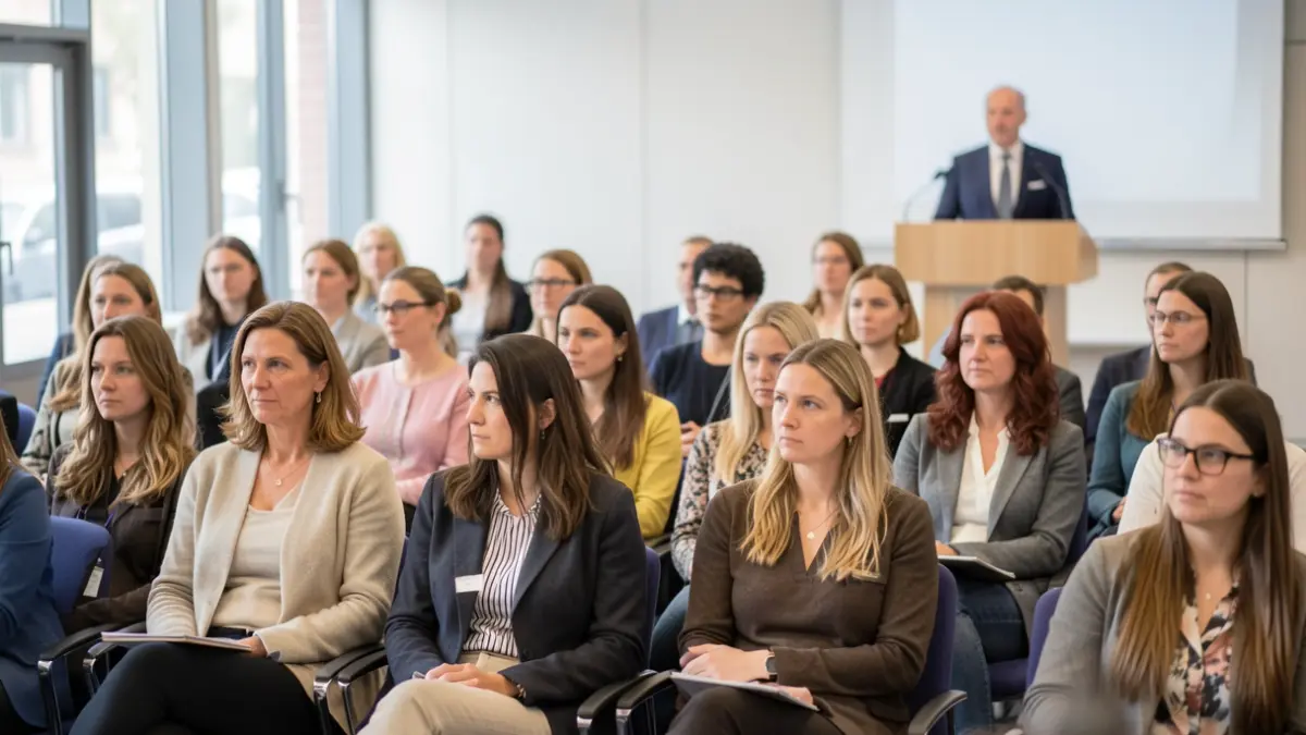 Imagem genérica de mulheres a assistir a uma palestra sobre saúde.