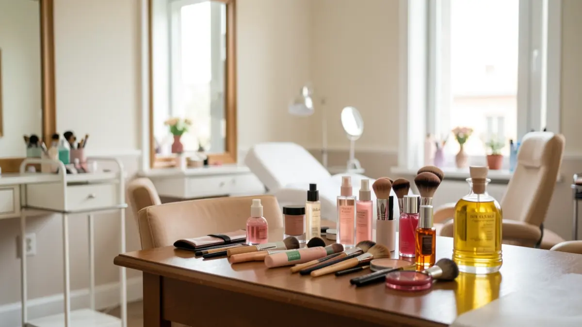 Imagem genérica de uma sala de consulta hospitalar transformada em salão de beleza com material de maquilhagem e massagem.