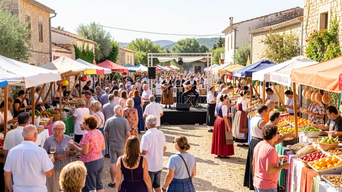 Imagem genérica de um festival gastronómico e cultural ao ar livre em São Marcos da Serra, com barracas de comida tradicional e animação musical.