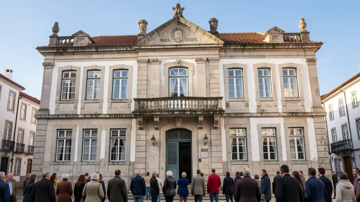 Fachada del edificio del Ayuntamiento de Vagos, un edificio tradicional portugués con elementos de piedra y balcón ornamentado.