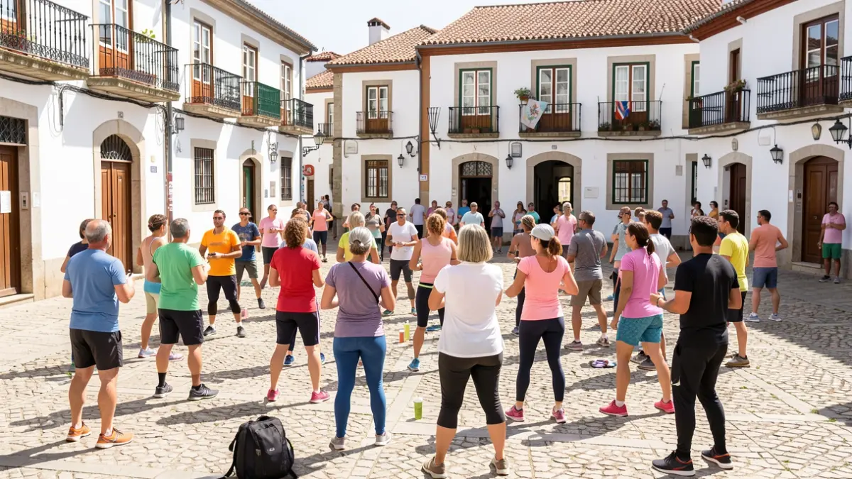 Generic image of a group of adults exercising outdoors in a Portuguese town square.