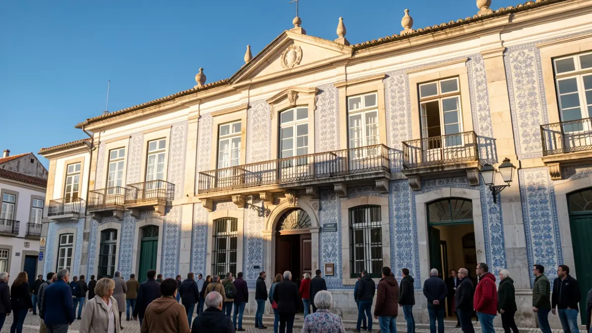 Fachada da Câmara Municipal de Vagos com varandas ornamentadas e azulejos, sob luz solar de fim de tarde.